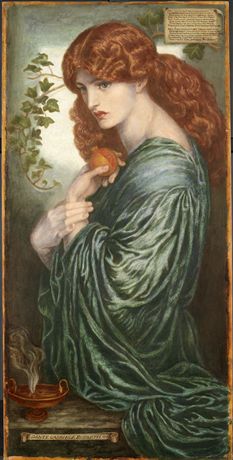 A red-headed Proserpine, looking towards the left, in three quarter profile: she holds a pomegranate in one hand and her flexed wrist in the other.Inscribed in upper right with Rossetti’s sonnet on the subject. 